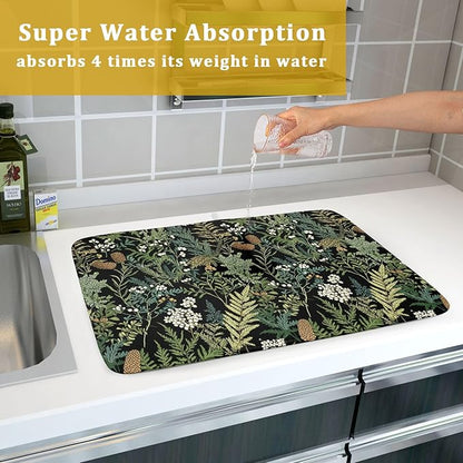 Green Plant Fern Leaves Floral Dish Drying Pad 18 x 24 Inch With Absorbent Reversible Microfiber Black Flower Botanical Leaf Vintage Drying Mats Dish Drainer Mat Fast Dry For Kitchen Dining Room