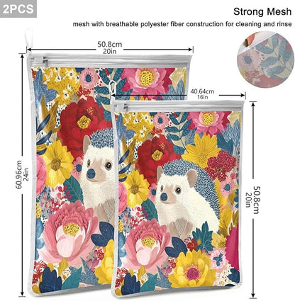 Mesh Laundry Bags Lingerie Bags for Washing Delicates 2 PCS Durable Wash Bag with Zipper Small and Medium Washable Garden Flowers Hedgehogs Colorful