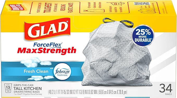 Glad ForceFlex MaxStrength Kitchen Trash Bags, 13 Gal, Fresh Clean Febreze, 34 Ct (Package May Vary) (Pack of 2)