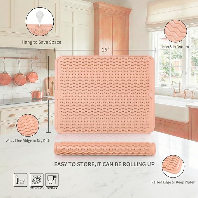MicoYang Silicone Dish Drying Mat for Multiple Usage,Easy clean,Eco-friendly,Heat-resistant Silicone Mat for Kitchen Counter or Sink,Refrigerator or drawer liner Pink L 16 inches x 12 inches