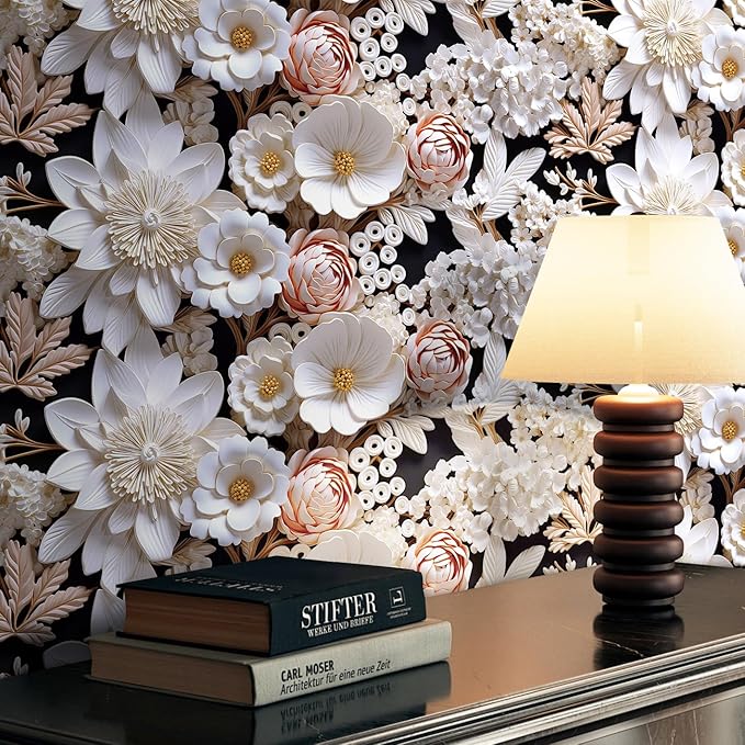 FunStick 17.5"x354" White Faux 3D Floral Peel and Stick Wallpaper Black Pink Embossed Floral Wallpaper for Bathroom Living Room Accent Wall Panels Self Adhesive Contact Paper for Walls Shelves Vinyl
