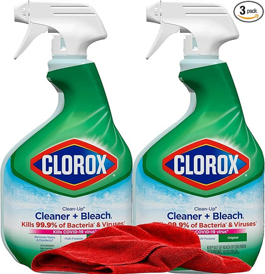 Clorox Clean-Up Cleaner Bleach Spray, 2 Pack, All Purpose Bleach Spray Trigger, Disinfects Kitchen,Bathroom,Tiles,Original Scent, Mold & Mildew Cleaner, 32 oz. Each plus red Microfiber Cleaning Cloth