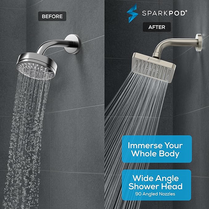 SparkPod Shower Head - High Pressure Rain - Premium Quality Luxury Design - Easy Clean Adjustable Replacement for Your Bathroom Shower Heads (Elegant Brushed Nickel, 6 Inch Square)