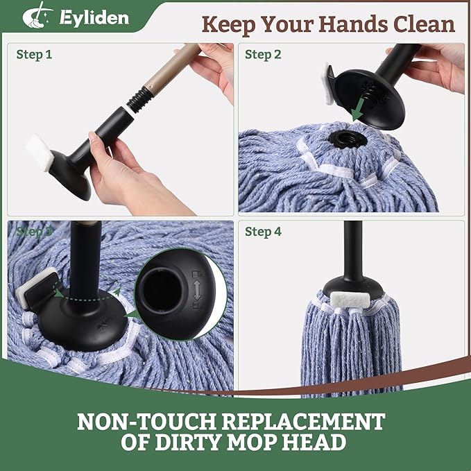 Eyliden Heavy Duty Floor Mop with Non-Touch Replacement | 2 Reusable Cotton Heads + 4 Scouring Pads | Wet & Dry Mops for Home & Commercial, Kitchen, Garage & Office Floor Cleaning, Blue