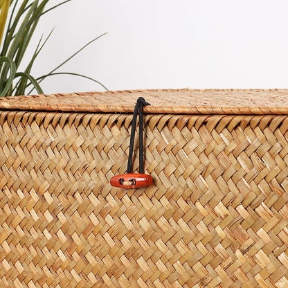 Wicker Shelf Baskets with Lid,Natural Seagrass Storage Basket Boxes Handwoven Rectangular Baskets Bins Multipurpose Home Organizer Decor (Medium)