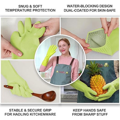 Reusable Waterproof Household Dishwashing Cleaning Rubber Gloves, Non-Slip Kitchen Glove (Green, Large (Pack of 3))