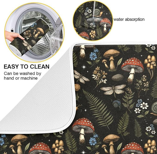 Mushroom Fern Leaves Berry Dish Drying Mat for Kitchen Counter Vintage Botanical Nature Drying Mats Super Absorbent Reversible Microfiber Kitchen Countertop Protector Dishes Pad Medium 16x18 inch