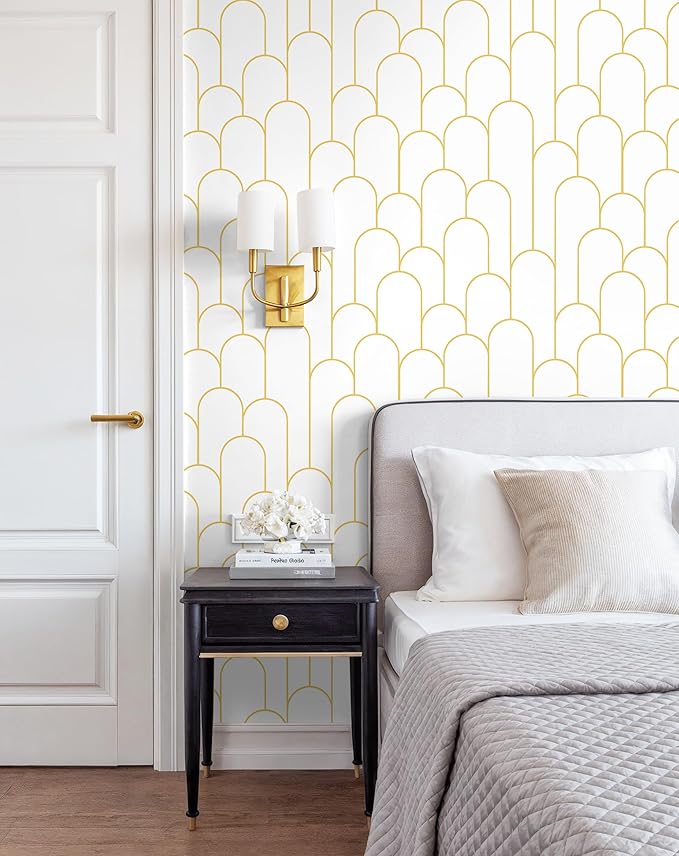 Yasinet White and Gold Peel and Stick Wallpaper White Geometric Contact Paper Stripe Removable Paper Self Adhesive Wallpaper Decorative for Wall Bedroom Vinyl Film 17.3''x197''