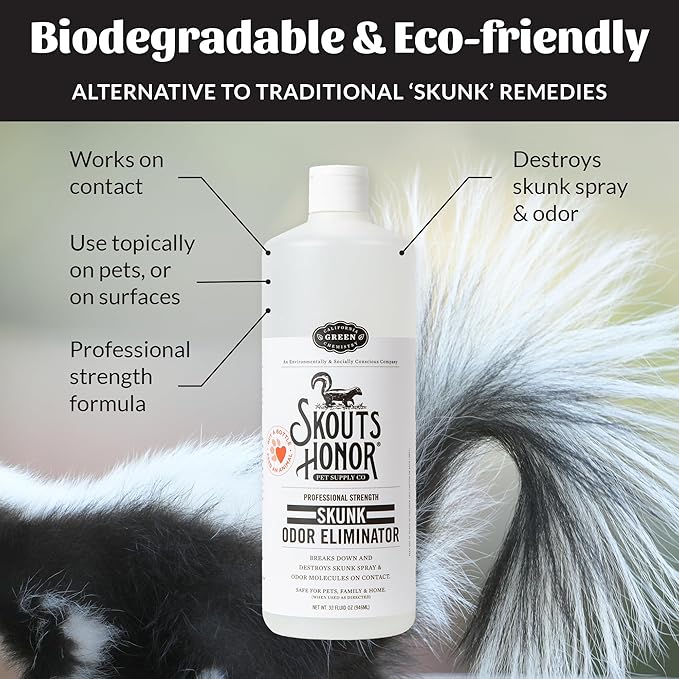 Skout's Honor Skunk Odor Eliminator for Pets, Indoor, and Outdoor Surfaces – Eliminate Skunk Spray Odor, Eco-Friendly, Cruelty-Free Solution for Pets and Surfaces, 32 oz, 2-Pack