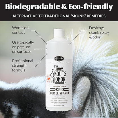 Skout's Honor Skunk Odor Eliminator for Pets, Indoor, and Outdoor Surfaces – Eliminate Skunk Spray Odor, Eco-Friendly, Cruelty-Free Solution for Pets and Surfaces, 32 oz, 2-Pack