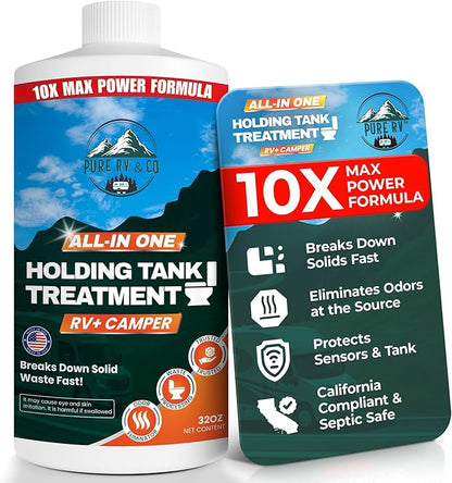 Holding Tank Treatment with 10X Max Power, Waste Digester and Odor Removal for RV Black Tank Cleaner, Septic & Sensor Safe, California Compliant & Advanced Bio-Enzyme Formula, (32oz)