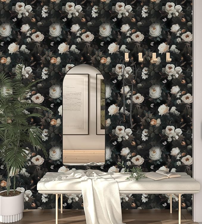 Fvlow Dark Wallpaper Floral Peel and Stick 17.4" x 118" Black White Contact Paper Vintage Watercolor Self Adhesive Covering for Bedroom Cabinet Bathroom Home Decor