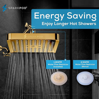 SparkPod Shower Head - High Pressure Rain - Premium Quality Luxury Design - Easy Clean Adjustable Replacement for Your Bathroom Shower Heads (Egyptian Gold, 6 Inch Square)