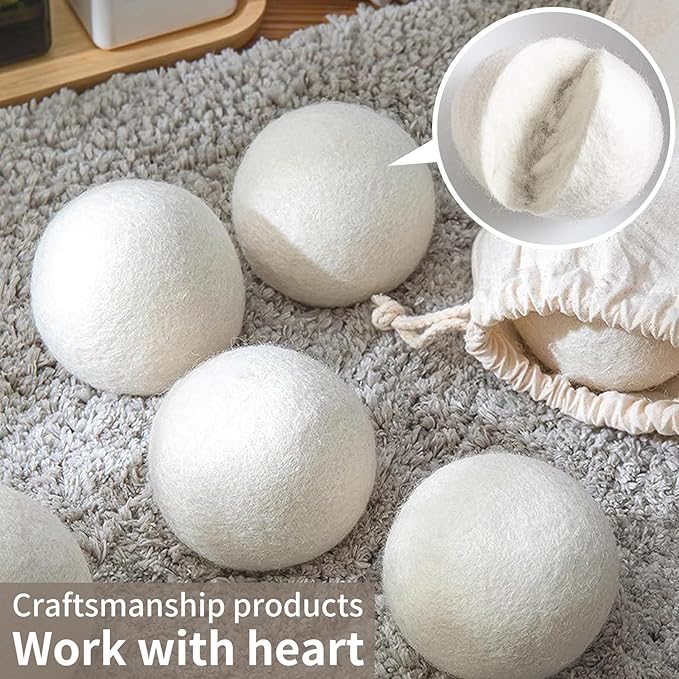 Wool Dryer Balls, 100% New Zealand Wool 12 Pack Reusable & Natural Fabric Softener Alternative Reduces Static Wrinkles Saves Drying Time, Ideal for Sensitive Skin Clothes(Brilliant White)