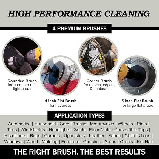 Interior Car Detailing Drill Brush Set - Soft Bristle Power Scrubber Attachments for Cleaning Car, Truck, Upholstery, Carpet, Leather, Seats, Wheels, Rims, Dash, Console, & Trim - Nylon Auto Scrubber