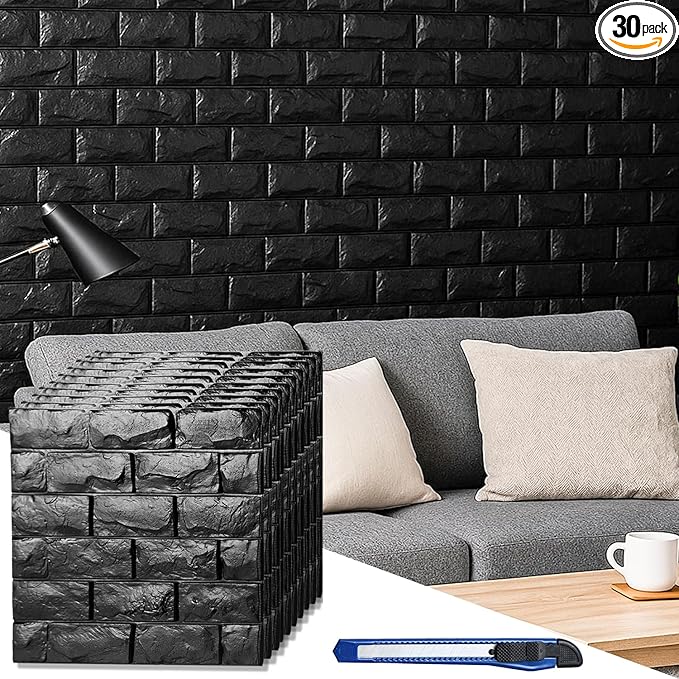 Circloophs 3D Wall Panels Stick and Peel, Black Brick Printable 3D Wallpaper Stick and Peel Self Adhesive Waterproof Foam Faux Brick Paneling for Bedroom, Bathroom, Kitchen, Fireplace (11, Black)