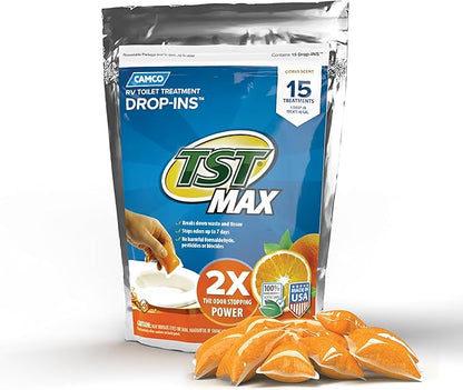 Camco TST MAX RV Toilet Treatment Drop-INs - Control Unwanted Odors and Break Down Waste and Tissue - Safe Septic Tank Treatment - Orange Scent - 15-Pack (41189)