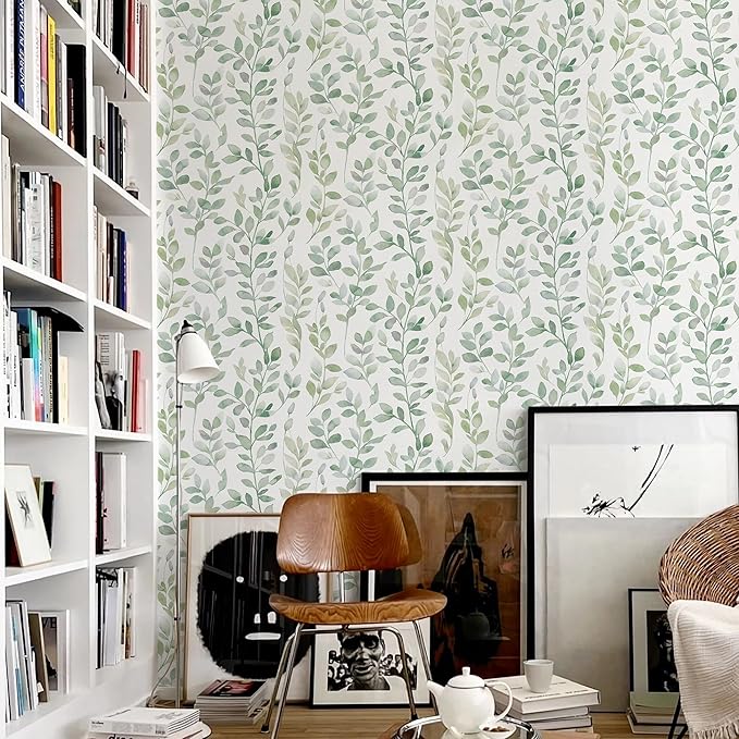 MelunMer Modern Leaf Peel and Stick Wallpaper Boho Green Contact Paper for Cabinets Self-Adhesive Removable Wallpaper for Bedroom Decor Botanical Contact Paper Bathroom Waterproof 590inL17.3inW