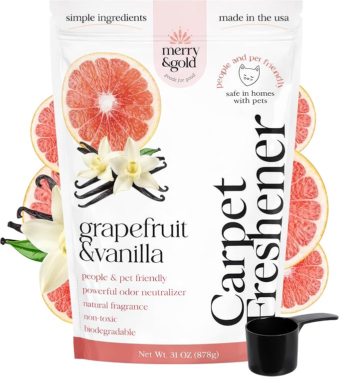Merry & Gold Carpet Freshener & Deodorizer Powder - 31oz | Grapefruit Vanilla |Pet Odor Eliminator for Strong Odors | Safe in Homes with Pets | Made in USA | Natural Ingredients (Grapefruit & Vanilla)