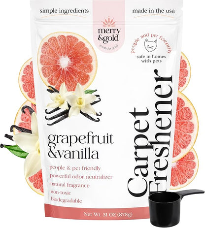 Merry & Gold Carpet Freshener & Deodorizer Powder - 31oz | Grapefruit Vanilla |Pet Odor Eliminator for Strong Odors | Safe in Homes with Pets | Made in USA | Natural Ingredients (Grapefruit & Vanilla)
