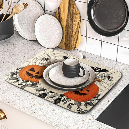 Halloween Pumpkin Dish Drying Mat for Kitchen Counter 16x18 Black Bat Spiderweb Holiday Scary Theme Absorbent Reversible Microfiber Drying Mats Kitchen Countertop Protector Dishes Drainer Pad