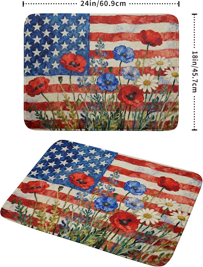 4th of July Patriotic Dish Drying Mat for Kitchen Counter 18x24 Red Blue White Floral American Flag Holiday Absorbent Reversible Microfiber Drying Mats Kitchen Countertop Protector Dishes Drainer Pad