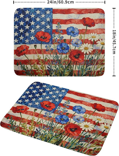 4th of July Patriotic Dish Drying Mat for Kitchen Counter 18x24 Red Blue White Floral American Flag Holiday Absorbent Reversible Microfiber Drying Mats Kitchen Countertop Protector Dishes Drainer Pad