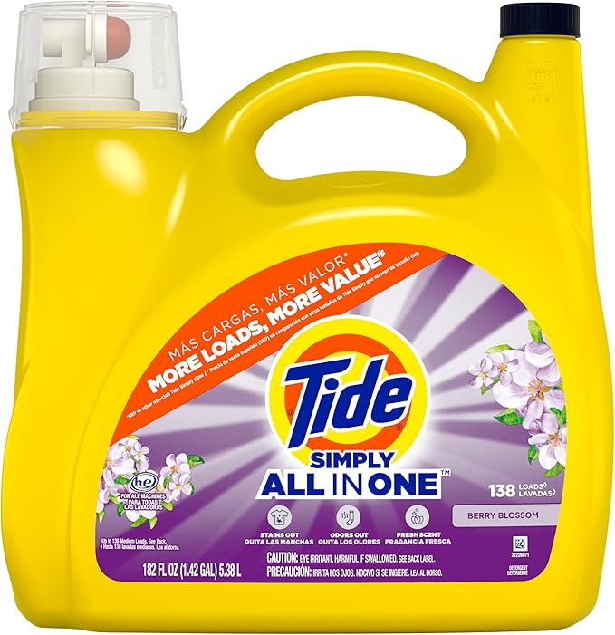 Tide Simply Clean & Fresh Liquid Laundry Detergent, Berry Blossom Scent, 138 Loads, 182 fl oz
