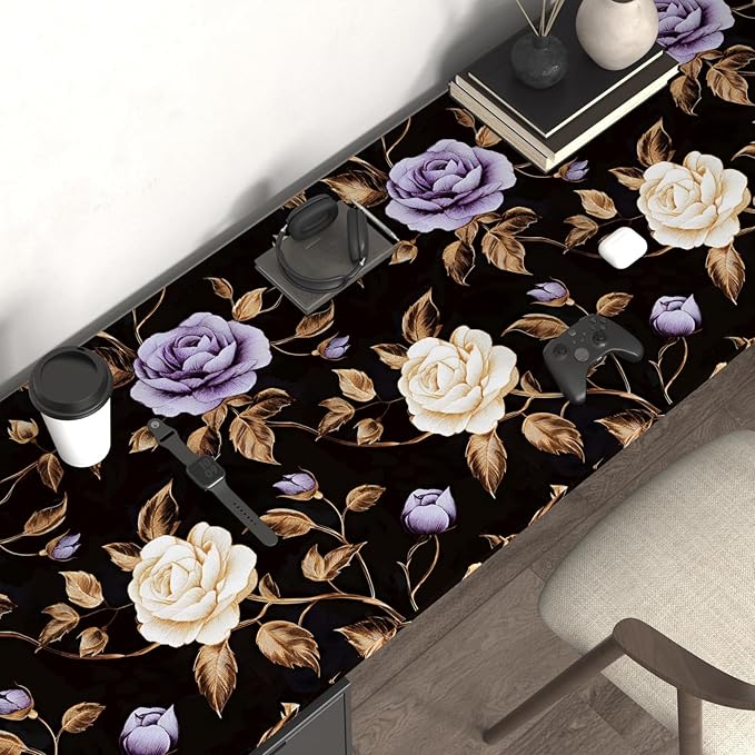 Laatse Golden Floral Wallpaper Peel and Stick Vintage Purple Gold Rose Contact Paper Self Adhesive Removable Retro Dark Flower Wall Mural for Bedroom Walls Shelves Cabinet Table Decor 17.5" x 118"