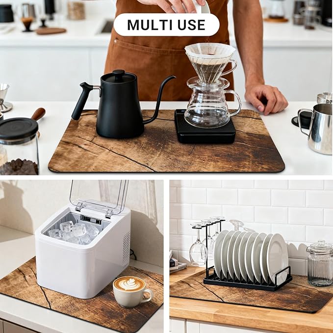 Coffee Mat 20x12 Inch, Wood Grain Coffee Counter Mat, Absorbent Hide Stain Rubber Backed Dish Drying Mat for Kitchen Counter, Bar Mats for Countertops, Under Coffee Maker Machine Pot Espresso Staion
