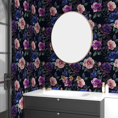 Deep Purple and Blue Roses Peel and Stick Wallpaper 17.5"X118" Gothic Vintage Floral Contact Paper Vinyl Waterproof Self Adhesive Removable Black Background Wall Decor for Bedroom Walls Cabinet Locker