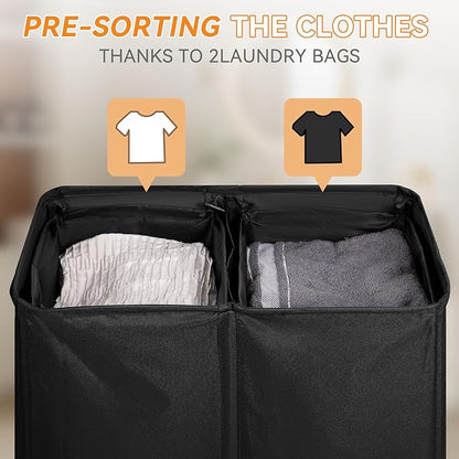 Chrislley 160L Laundry Hamper 2 Section, Double Laundry Basket with Lid, Large Dirty Clothes Hamper with Removable Liner Bags, Collapsible Laundry Organizer for Bedroom, Dorm,Black
