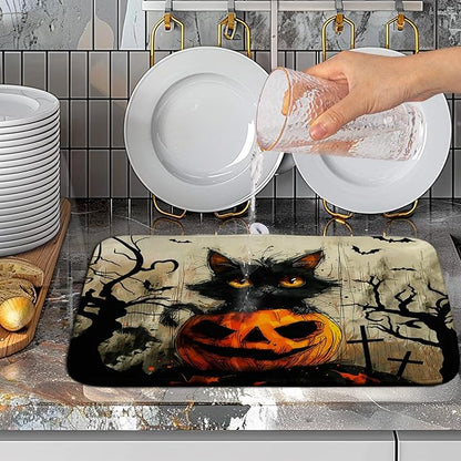 Black Cat Halloween Kitchen Dishes Drying Mat 16x18 Inch Halloween Fall Pumpkin Bat Dish Drying Mats for Kitchen Counter Absorbent Microfiber Dish Rack Mat Drainer Pad for Coffee Bar Sinks