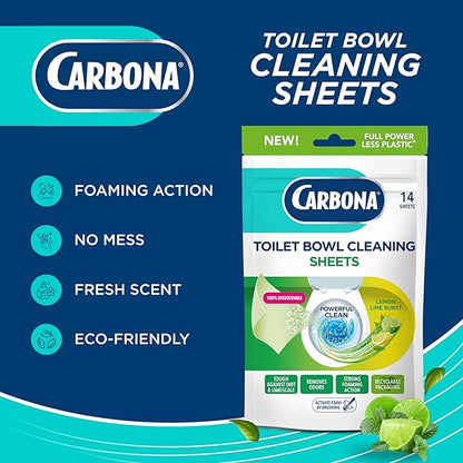 Carbona Toilet Bowl Sheets | Lemon Lime Scent | Powerful Toilet Bowl Cleaner | 14 Sheets | Less Plastic Waste