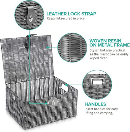 Set of 3 Woven Wicker Storage Basket Box with Lids & Lock, Built-in Carry Handles, Multifunctional Storage Organizer for Nursery, Baby, Clothes, Toys, Books, Large/Medium/Small Size (Grey)