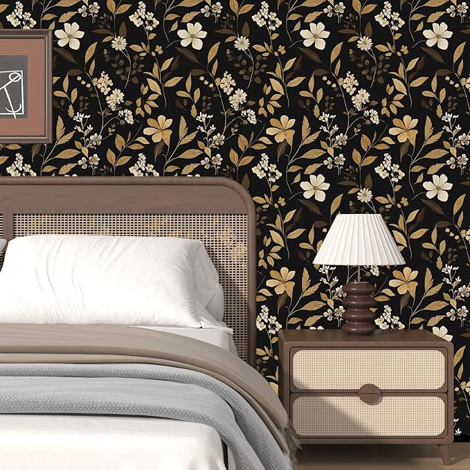 Fvlow Black Floral Wallpaper Peel and Stick Gold Leaf Contact Paper 17.4" x 118" Boho Wallpaper Waterproof Self Adhesive Wall Covering for Bedroom Countertop Desk Cabinets Decor
