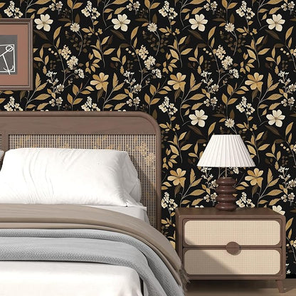 Fvlow Black Gold Floral Wallpaper Retro Peelable Wall Paper 17.4" x 394"Vintage Dark Contact Paper Renter Friendly Covering for Bedroom Bathroom Cabinet Home Decor