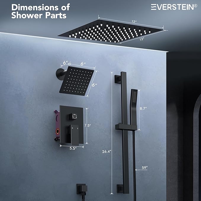 Celling Mount 64 Color LED Mood Lighting Dual Rainfall Shower Head Faucet, 12 Inch Rainfall Shower System (Matte Black)
