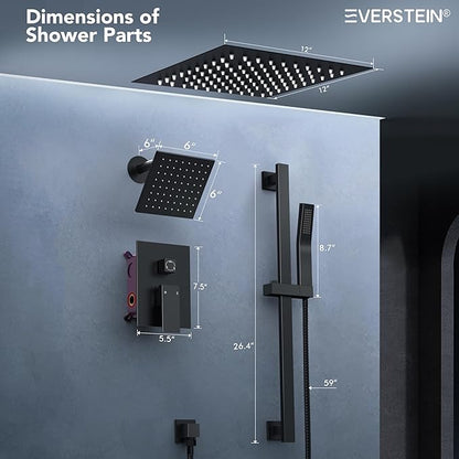 Celling Mount 64 Color LED Mood Lighting Dual Rainfall Shower Head Faucet, 12 Inch Rainfall Shower System (Matte Black)