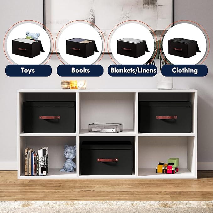 Ornavo Home 6 Pack Collapsible Storage Bins with Lid, Foldable Linen Fabric Shelf Storage Basket Closet Organizer and Large Storage Box for Clothes with Leather Handles, 16.5 x 11.8 x 7.5, Black