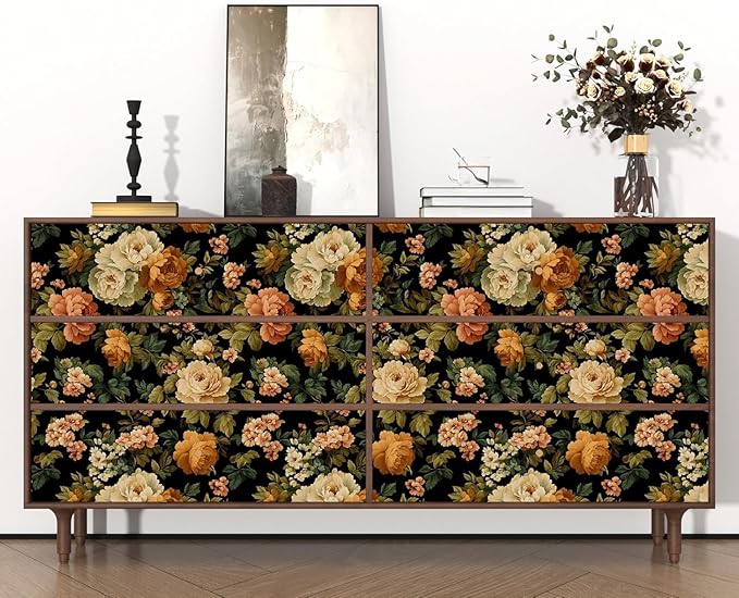 Fvlow Black Green Floral Wallpaper Peel and Stick 17.4" x 394" Dark Rose Moody Contact Paper Waterproof Self Adhesive Covering for Bedroom Bathroom Kitchen Abstract Art Home Decor