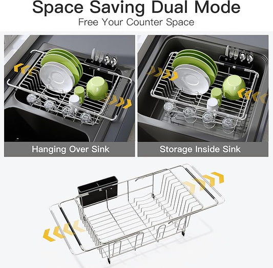 JASIWAY Dish Drying Rack in Sink, Expandable Stainless Steel Dish Drainers for Kitchen Counter, Dish Dryer Rack for Inside Sink, Over The Sink Dish Racks with Utensil Holder, Silver