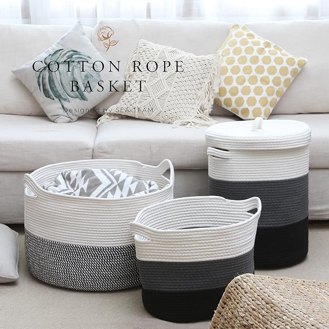 Sea Team Large Size Cotton Rope Woven Storage Basket with Lid, Lidded Laundry Hamper with Handles, Fabric Bucket with Cover, Clothes Toys Organizer for Kid's Room, 16 x 20 inches, White & Black