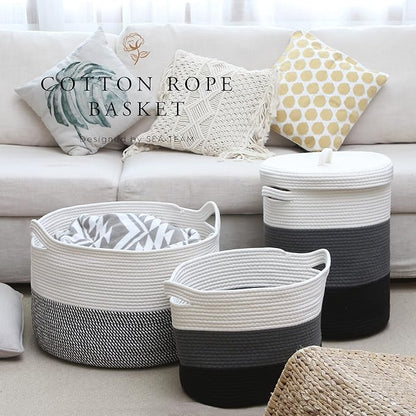 Sea Team Large Size Cotton Rope Woven Storage Basket with Lid, Lidded Laundry Hamper with Handles, Fabric Bucket with Cover, Clothes Toys Organizer for Kid's Room, 16 x 20 inches, White & Black