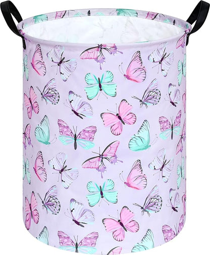 KUNRO Round Laundry Gift Basket Storage Hamper, Clothes Storage Organizer Bins, Shelf Basket with Handles for Room Decor (Purple Butterfly)