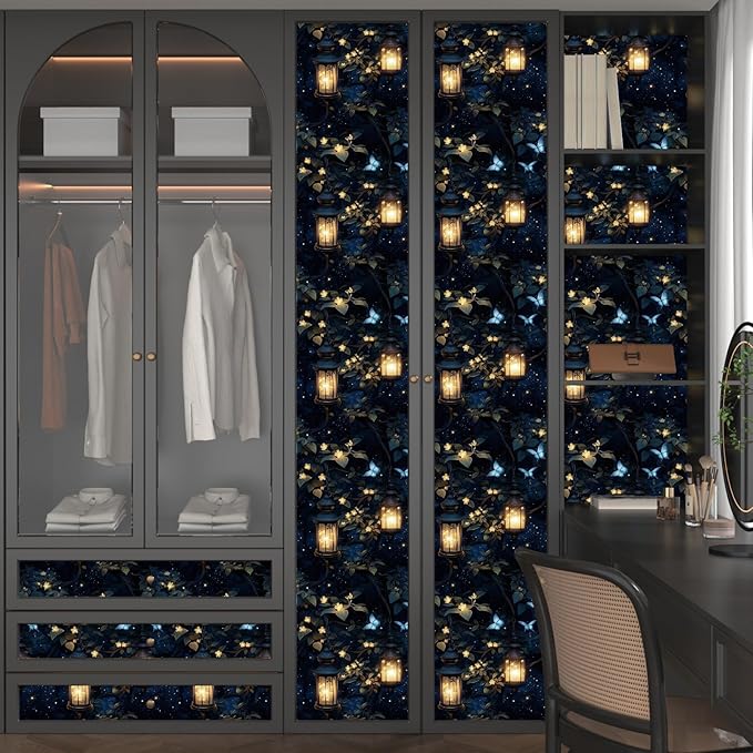 Dark Wallpaper Peel and Stick Night Forest Contact Paper Vintage Green Leaf Wall Paper Vinyl Waterproof Self Adhesive Retro Lantern Butterfly Walls Mural for Bedroom Cabinet Table Décor17.5" x 118"