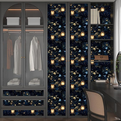 Night Forest Wallpaper Peel and Stick Dark Contact Paper Vintage Green Leaf Wall Paper Vinyl Waterproof Self Adhesive Retro Lantern Butterfly Walls Mural for Bedroom Cabinet Table Décor17.5" x 393"