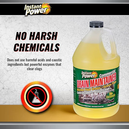 Instant Power Commercial Drain Maintainer - Liquid Enzyme Clog Remover, Cleans and Deodorizes, Reduces Drain Blockages, 1 Gal (Pack of 4)