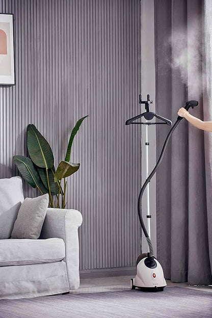 SALAV GS18 Full-Size Clothes Steamer - 1500W Power, 1.8L Water Tank, 60-Min Garment Steam, Iron Clothing, Adjustable Pole & Wheels for Easy Storage, Professional Standing Steamer for Clothes, White