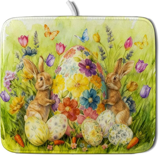 Easter Dish Drying Mat for Kitchen Counter Spring Bunny Microfiber Countertop Mat Small